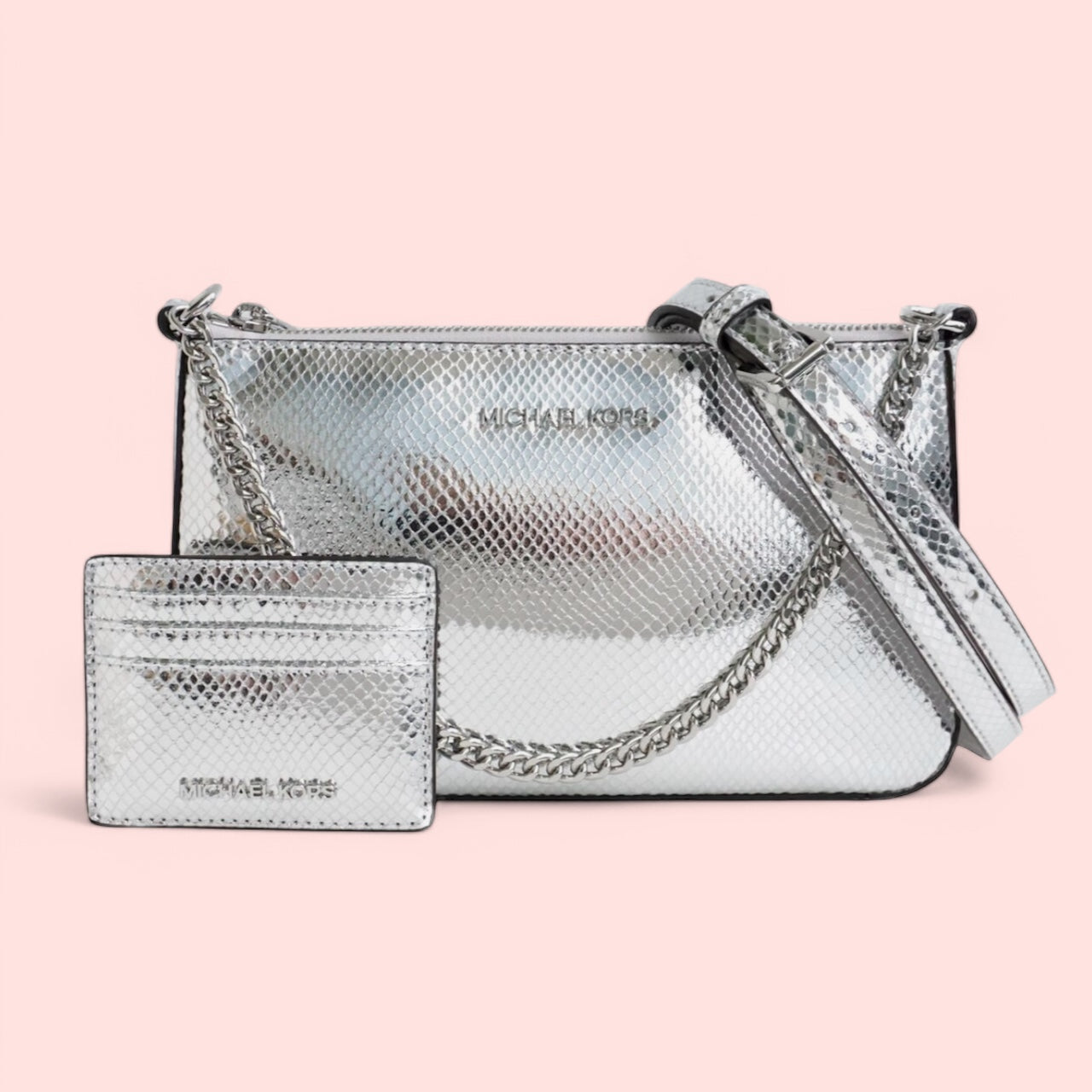 Michael Kors Tasche Umhängetasche Jet Set Travel MD Chain+Kartenetui Silber